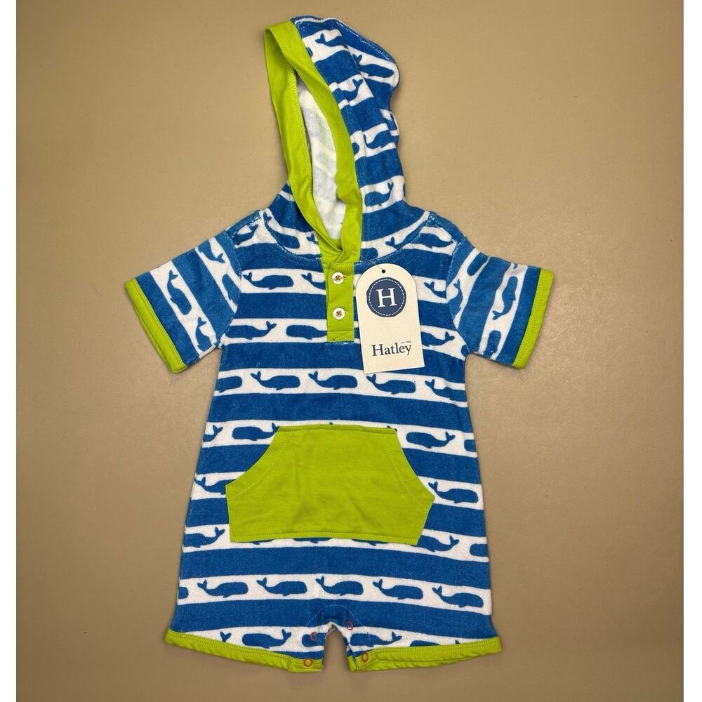 Hatley Baby Hooded Terry Cloth Romper Whale Print Blue Green 6-9M NWT Cover-Up